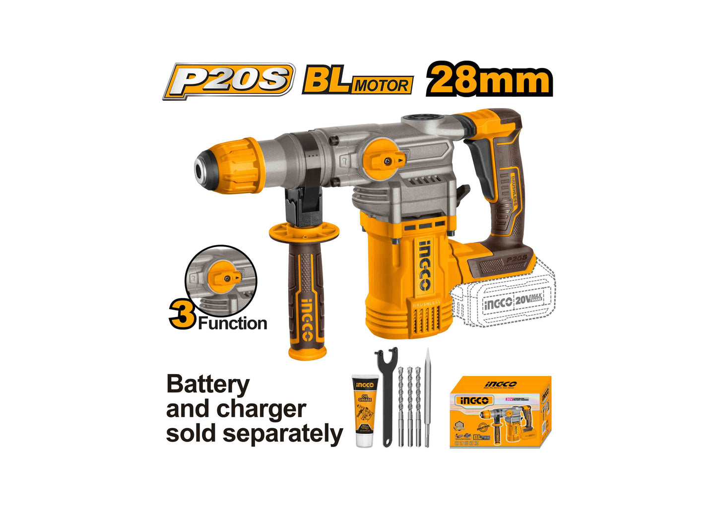 ROTOMARTILLO INALAMBRICO SDS PLUS 20V 4.5J/4400bpm SIN BATERIA NI CARGADOR